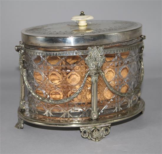 An Edwardian oval plated marble hobnail cut glass biscuit box and cover